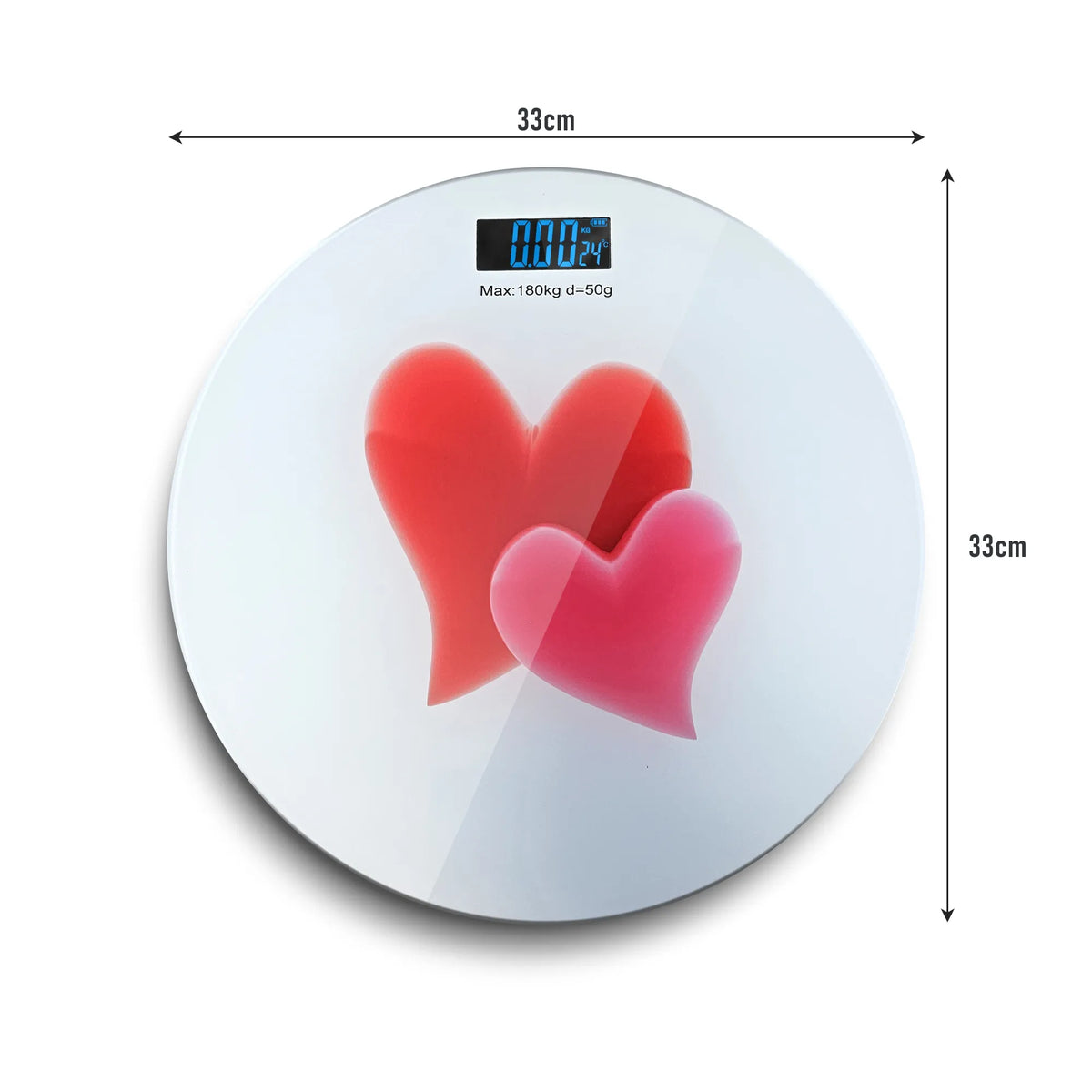 Round Glass Bathroom Scale – Hearts, Strawberries or Gemstones Print, 180 kg - Red Hearts