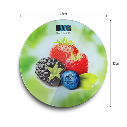 Round Glass Bathroom Scale – Hearts, Strawberries or Gemstones Print, 180 kg - Strawberries & Berries