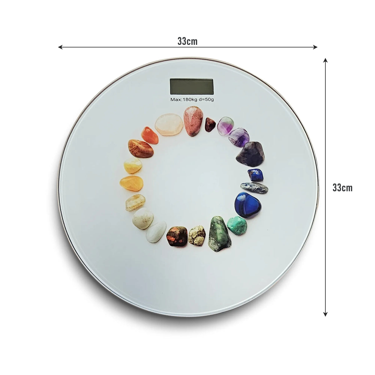 Round Glass Bathroom Scale – Hearts, Strawberries or Gemstones Print, 180 kg - Gemstone Circle