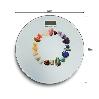 Round Glass Bathroom Scale – Hearts, Strawberries or Gemstones Print, 180 kg - Gemstone Circle