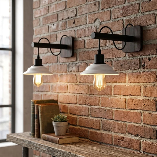 Horizontal Arm Wall Light with White Enamel Shade – Black