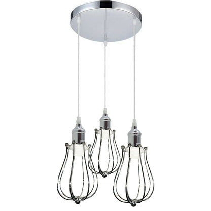 3 Head Cascade Pendant Light – 19 Cone & Cage Styles, Plate or Bar - Chrome, Round Cage Chrome, Round Plate, Without Bulb