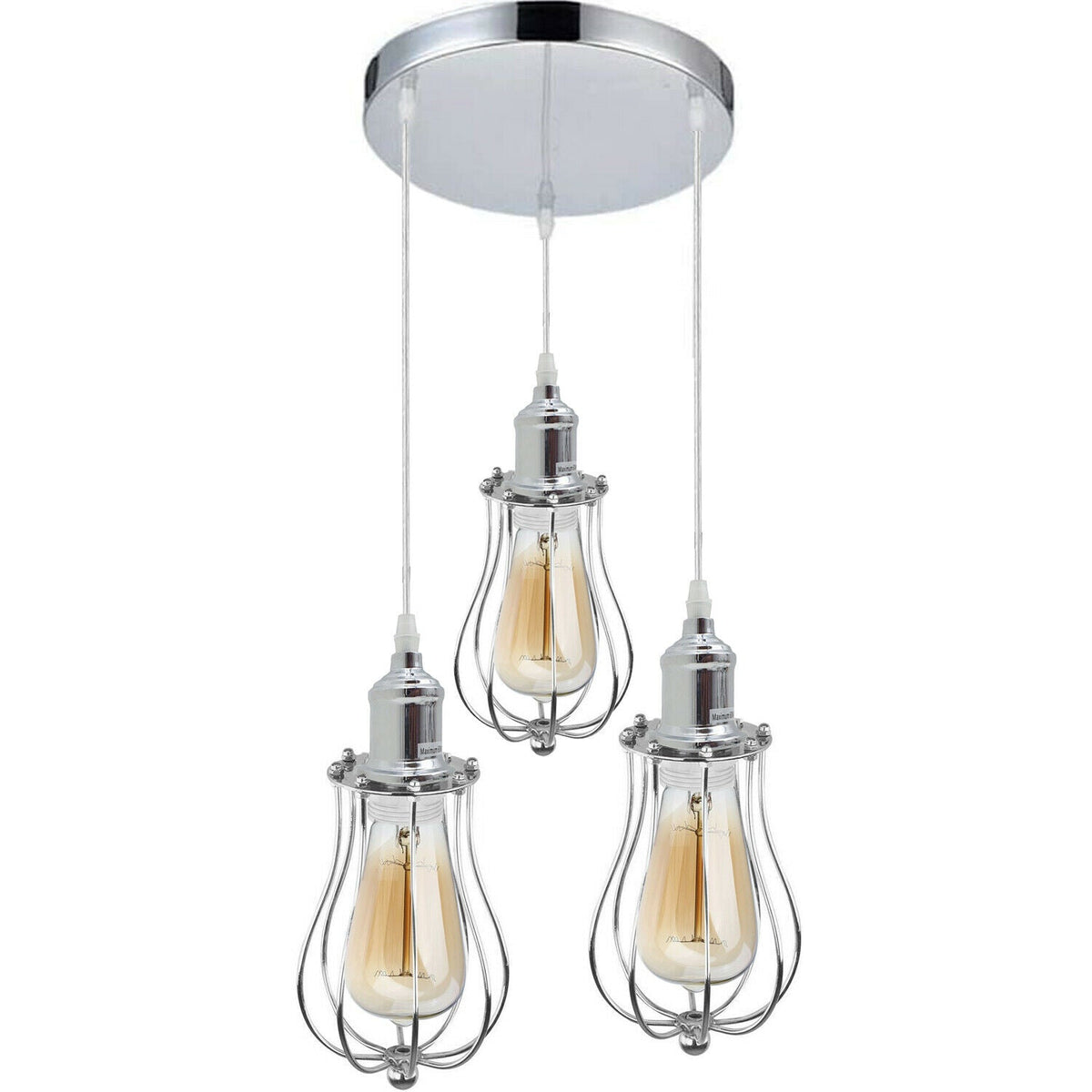 3 Head Cascade Pendant Light – 19 Cone & Cage Styles, Plate or Bar - Chrome, Round Cage Chrome, Round Plate, With 3 T130 LED Bulbs