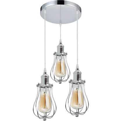 3 Head Cascade Pendant Light – 19 Cone & Cage Styles, Plate or Bar - Chrome, Round Cage Chrome, Round Plate, With 3 T130 LED Bulbs