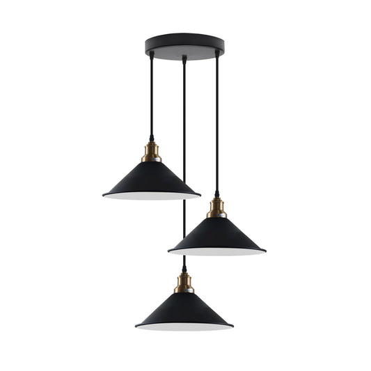 3 Head Cascade Pendant Light – 19 Cone & Cage Styles, Plate or Bar - Yellow Brass, Flat Cone 22 cm Black & White Inner, Round Plate, Without Bulb