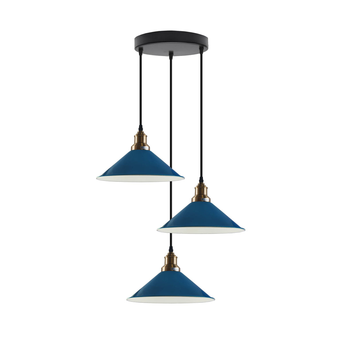 3 Head Cascade Pendant Light – 19 Cone & Cage Styles, Plate or Bar - Yellow Brass, Flat Cone 22 cm Blue, Round Plate, Without Bulb