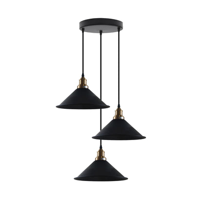 3 Head Cascade Pendant Light – 19 Cone & Cage Styles, Plate or Bar - Yellow Brass, Flat Cone 22 cm Black, Round Plate, Without Bulb