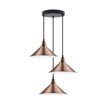 3 Head Cascade Pendant Light – 19 Cone & Cage Styles, Plate or Bar - Yellow Brass, Flat Cone 22 cm Copper, Round Plate, Without Bulb