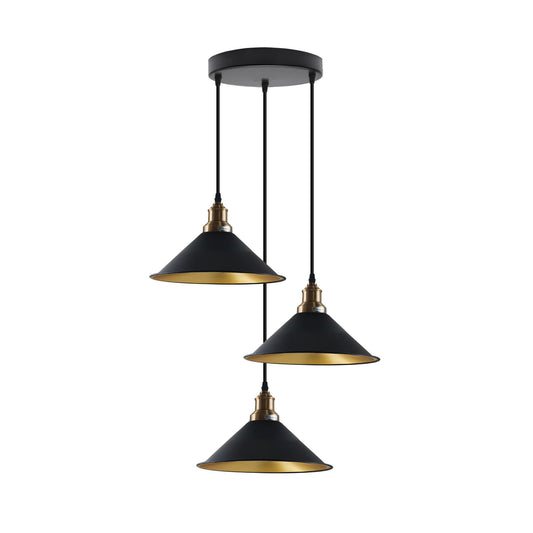 3 Head Cascade Pendant Light – 19 Cone & Cage Styles, Plate or Bar - Yellow Brass, Flat Cone 22 cm Black & Gold, Round Plate, Without Bulb