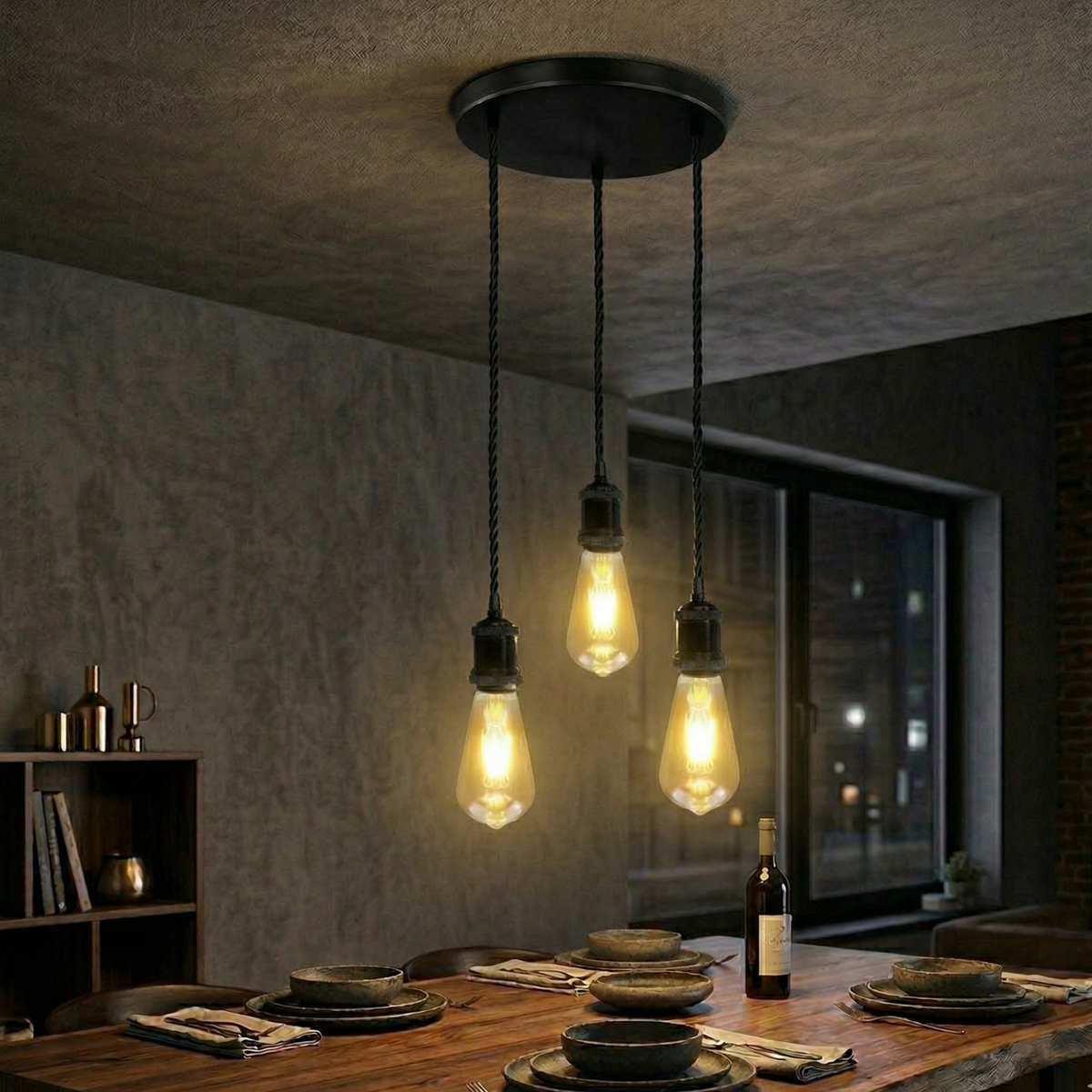 3-Light Cluster Pendant – Black Twisted Flex, E27 - Black, No Shade, ST64 Bulb