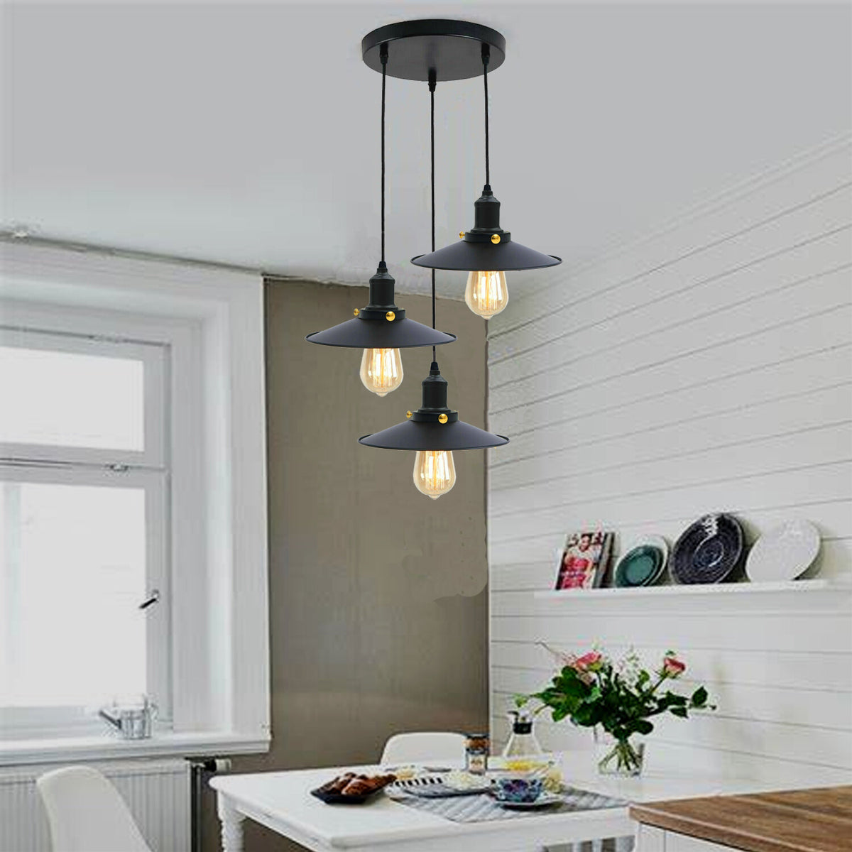 3-Light Black Pendant Cluster – Cages, Domes, Glass or Flat Shades - photo 4