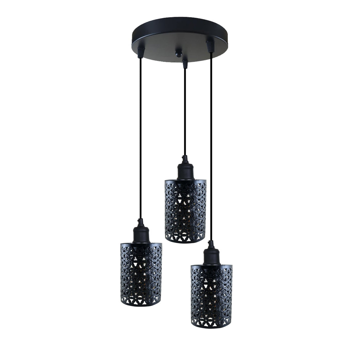 3-Light Black Pendant Cluster – Cages, Domes, Glass or Flat Shades - Black, Barrel Cage Style 2 Black, Round Plate, Without Bulb