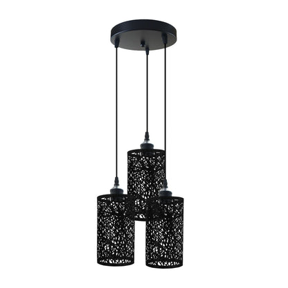 3-Light Black Pendant Cluster – Cages, Domes, Glass or Flat Shades - Black, Barrel Cage Style 7 Black, Round Plate, Without Bulb