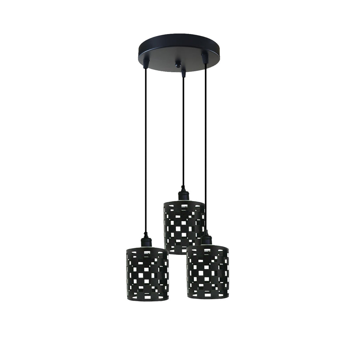 3-Light Black Pendant Cluster – Cages, Domes, Glass or Flat Shades - Black, Barrel Cage Style 1 Black, Round Plate, Without Bulb