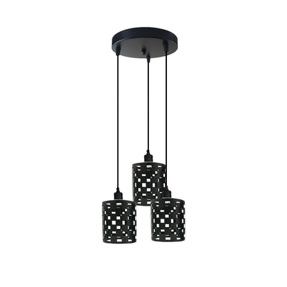 3-Light Black Pendant Cluster – Cages, Domes, Glass or Flat Shades - Black, Barrel Cage Style 1 Black, Round Plate, Without Bulb