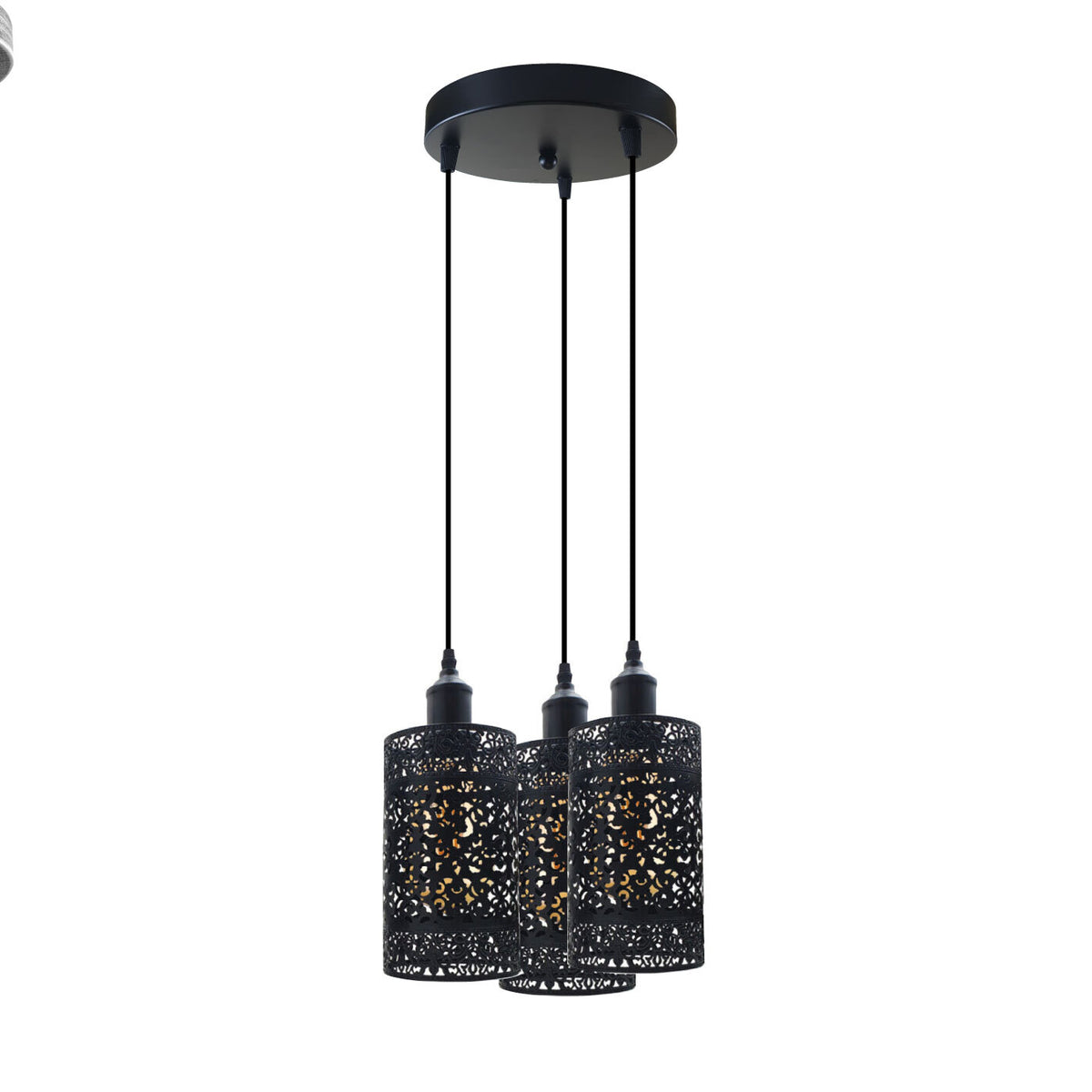 3-Light Black Pendant Cluster – Cages, Domes, Glass or Flat Shades - Black, Barrel Cage Style 6 Black, Round Plate, Without Bulb