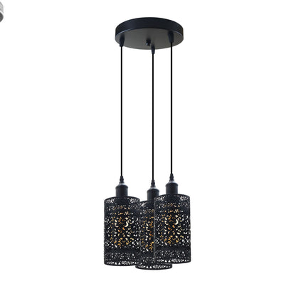 3-Light Black Pendant Cluster – Cages, Domes, Glass or Flat Shades - Black, Barrel Cage Style 6 Black, Round Plate, Without Bulb