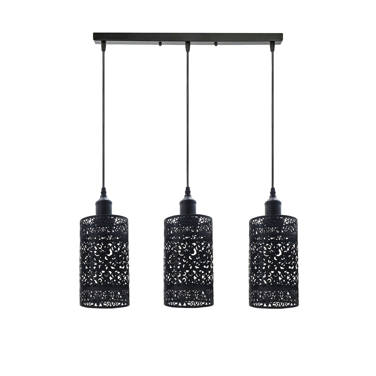 3-Light Black Pendant Cluster – Cages, Domes, Glass or Flat Shades - Black, Barrel Cage Style 6 Black, Bar, Without Bulb