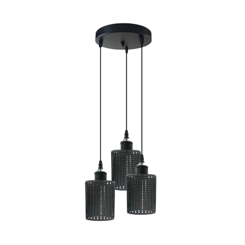 3-Light Black Pendant Cluster – Cages, Domes, Glass or Flat Shades - Black, Barrel Cage Style 3 Black, Round Plate, Without Bulb