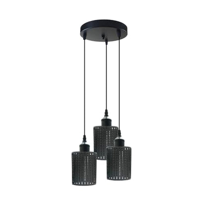 3-Light Black Pendant Cluster – Cages, Domes, Glass or Flat Shades - Black, Barrel Cage Style 3 Black, Round Plate, Without Bulb