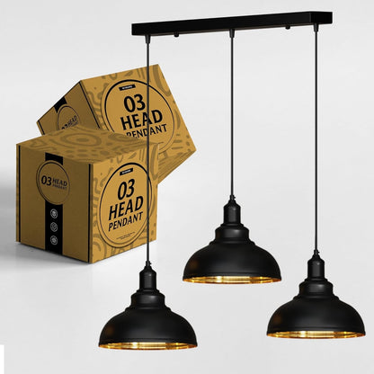 3-Light Black Pendant Cluster – Cages, Domes, Glass or Flat Shades - Black, Dome 21 cm Black & Gold, Bar, Without Bulb
