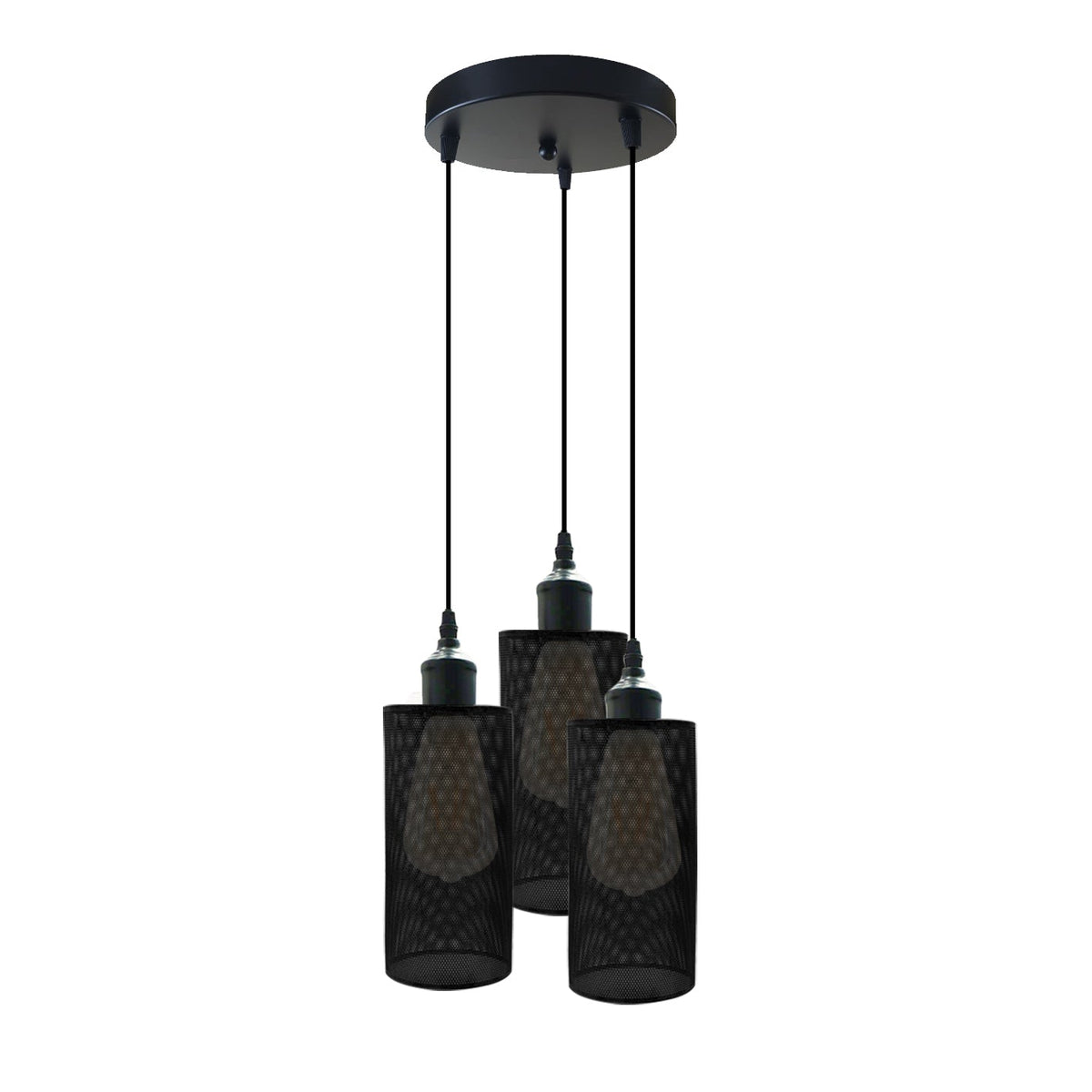 3-Light Black Pendant Cluster – Cages, Domes, Glass or Flat Shades - Black, Drum Cage Black, Round Plate, Without Bulb