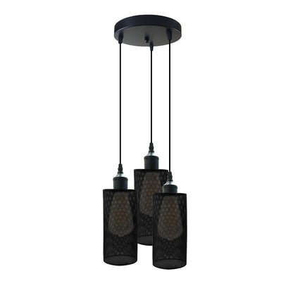 3-Light Black Pendant Cluster – Cages, Domes, Glass or Flat Shades - Black, Drum Cage Black, Round Plate, Without Bulb