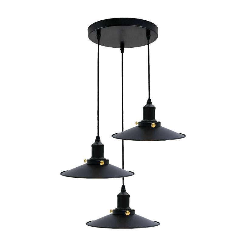 3-Light Black Pendant Cluster – Cages, Domes, Glass or Flat Shades - Black, Flat Shade Black, Round Plate, Without Bulb
