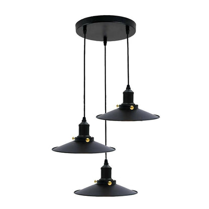 3-Light Black Pendant Cluster – Cages, Domes, Glass or Flat Shades - Black, Flat Shade Black, Round Plate, Without Bulb