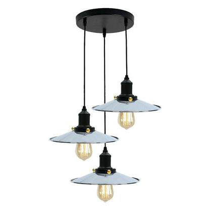 3-Light Black Pendant Cluster – Cages, Domes, Glass or Flat Shades - Black, Flat Shade Chrome, Round Plate, Without Bulb