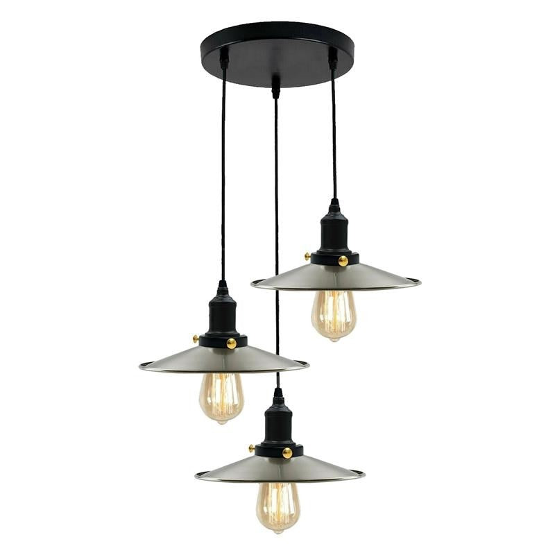 3-Light Black Pendant Cluster – Cages, Domes, Glass or Flat Shades - Black, Flat Shade Satin Nickel, Round Plate, Without Bulb