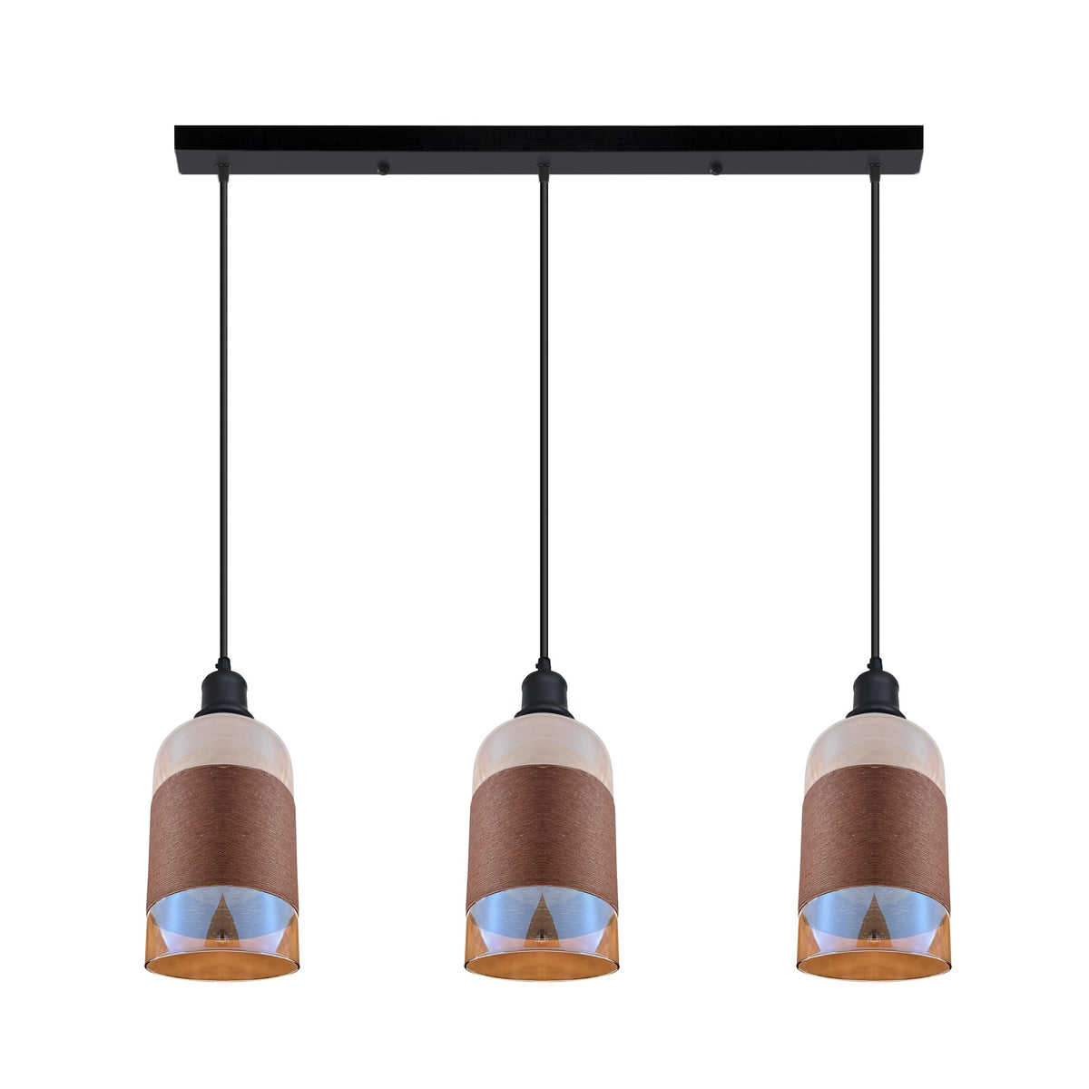 3-Light Black Pendant Cluster – Cages, Domes, Glass or Flat Shades - Black, Glass 12 cm Copper, Bar, Without Bulb