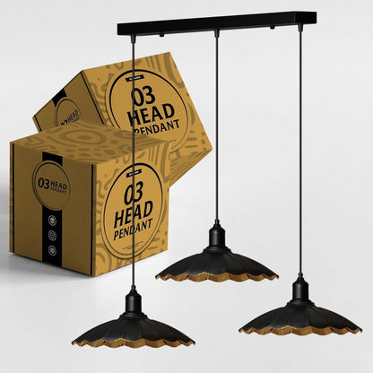 3-Light Black Pendant Cluster – Cages, Domes, Glass or Flat Shades - Black, Wavy Shade 22 cm Black, Bar, Without Bulb
