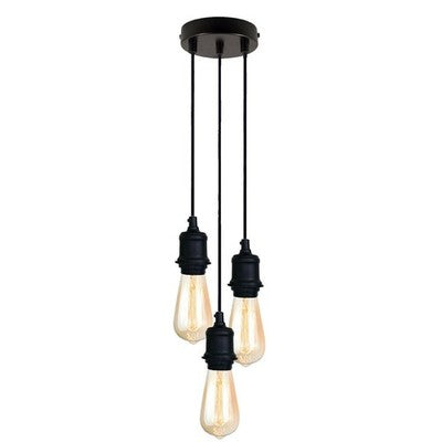 3-Light Black Pendant Cluster – Cages, Domes, Glass or Flat Shades - Black, No Shade, Round Plate, Without Bulb
