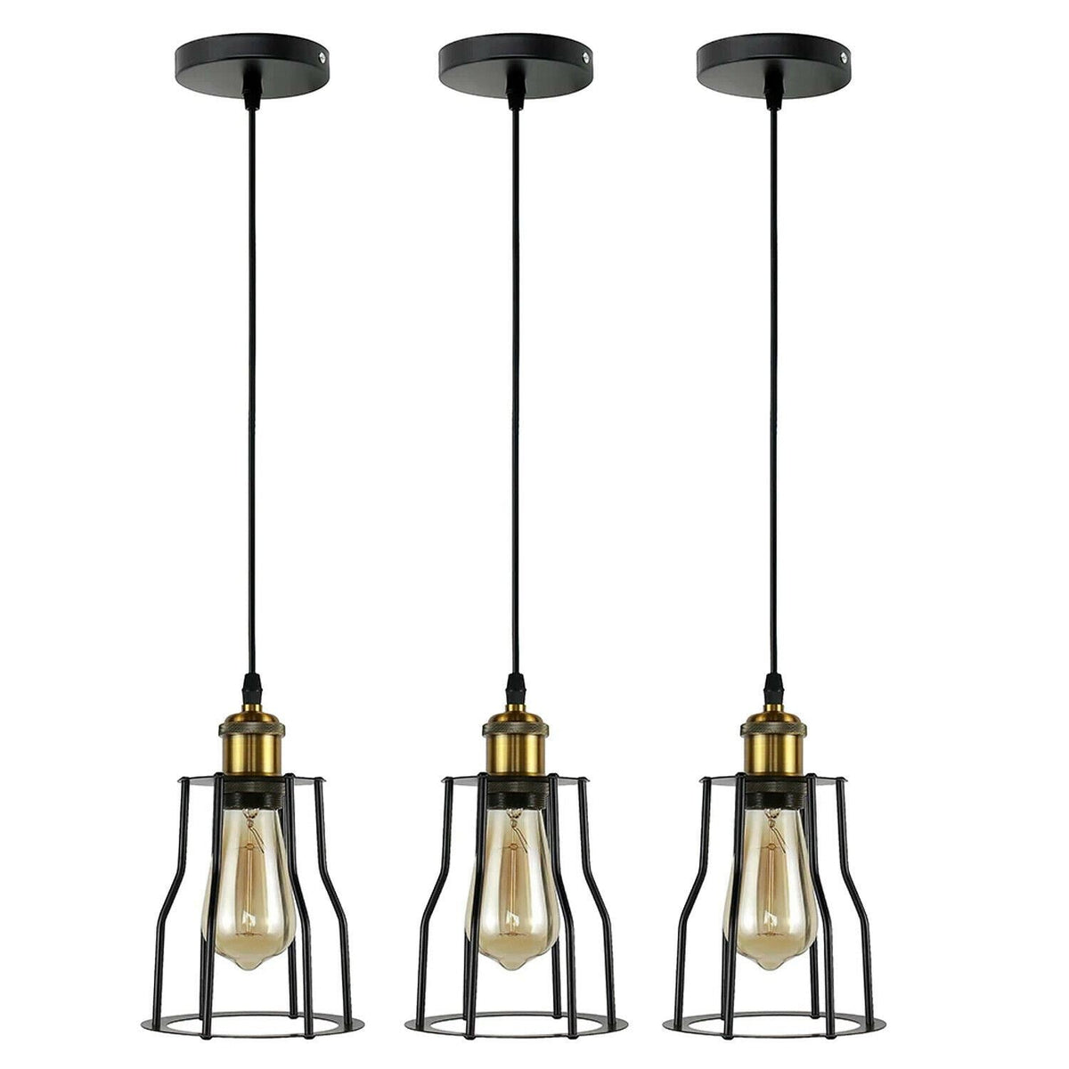 3-Light Black Pendant Cluster – Cages, Domes, Glass or Flat Shades - Black, Lantern Cage Black, Bar, Without Bulb