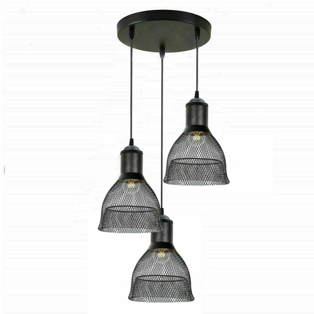3-Light Black Pendant Cluster – Cages, Domes, Glass or Flat Shades - Black, Mesh Bell Cage Black, Round Plate, Without Bulb