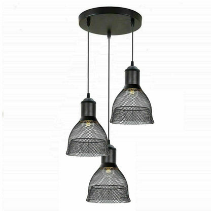 3-Light Black Pendant Cluster – Cages, Domes, Glass or Flat Shades - Black, Mesh Bell Cage Black, Round Plate, Without Bulb