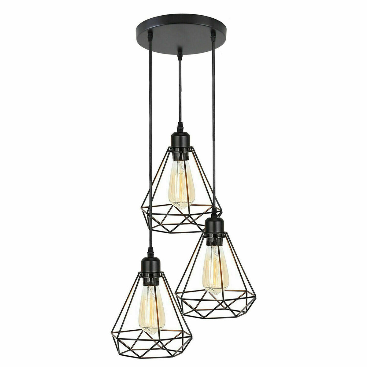 3-Light Black Pendant Cluster – Cages, Domes, Glass or Flat Shades - Black, Diamond Wire Cage Black, Round Plate, Without Bulb
