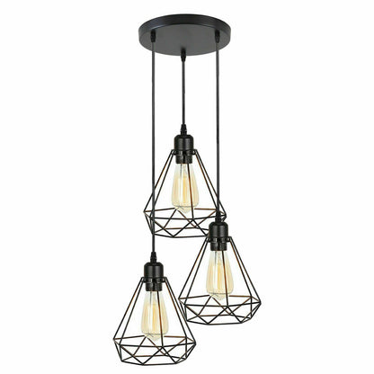3-Light Black Pendant Cluster – Cages, Domes, Glass or Flat Shades - Black, Diamond Wire Cage Black, Round Plate, Without Bulb