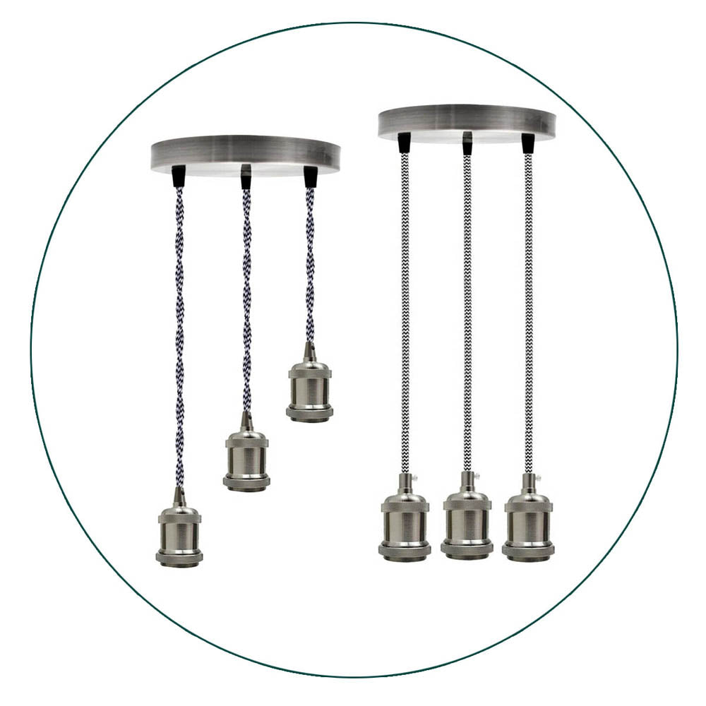 3 Light Cluster Pendant – Satin Nickel, Black & White Twisted Cable, E27 - photo 2