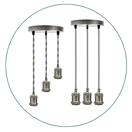 3 Light Cluster Pendant – Satin Nickel, Black & White Twisted Cable, E27 - photo 2