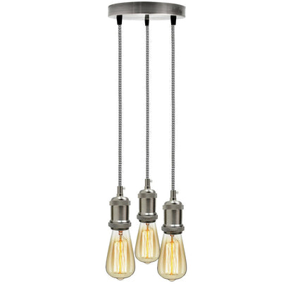 3 Light Cluster Pendant – Satin Nickel, Black & White Twisted Cable, E27 - photo 6
