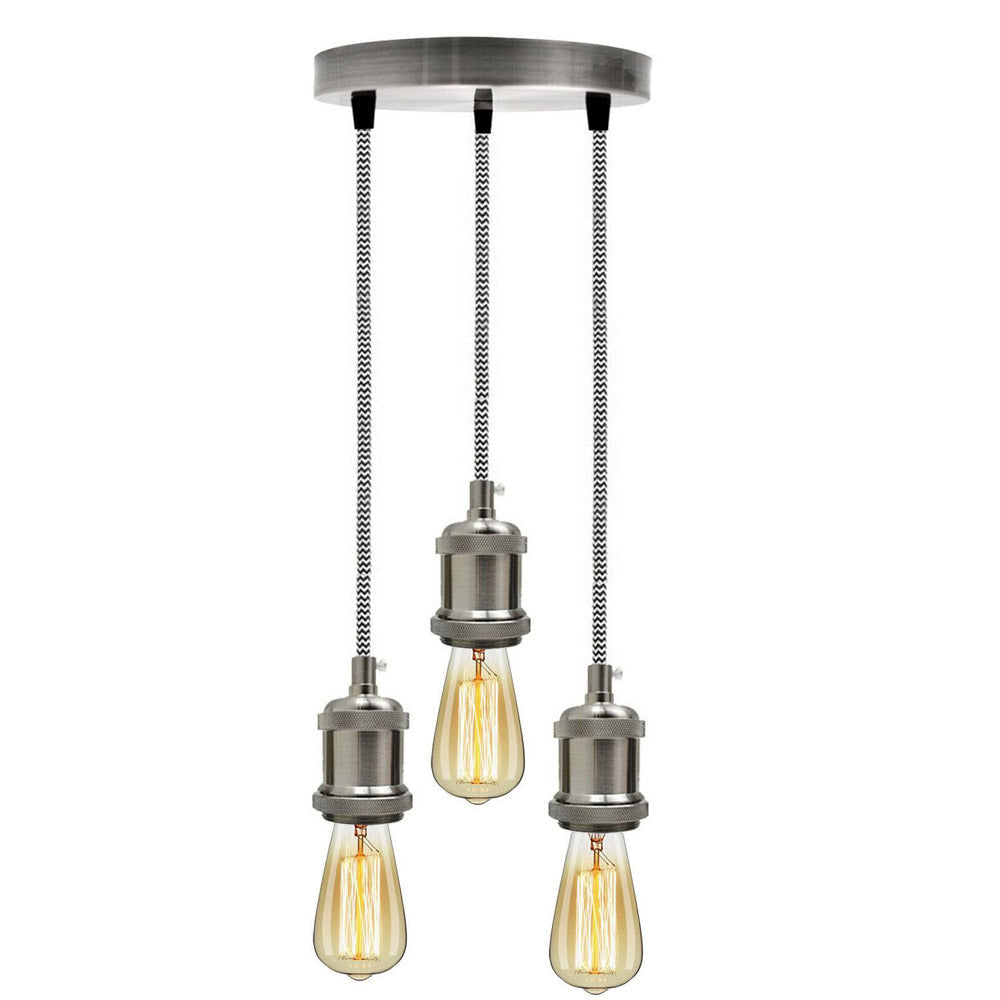 3 Light Cluster Pendant – Satin Nickel, Black & White Twisted Cable, E27 - photo 7