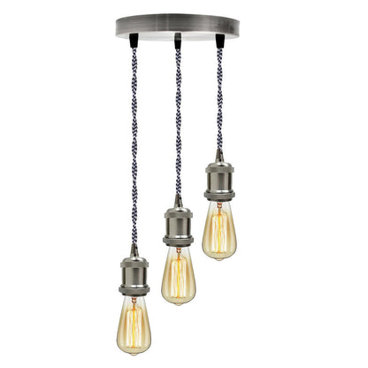 3 Light Cluster Pendant – Satin Nickel, Black & White Twisted Cable, E27 - Satin Nickel, No Shade, ST64 Bulb