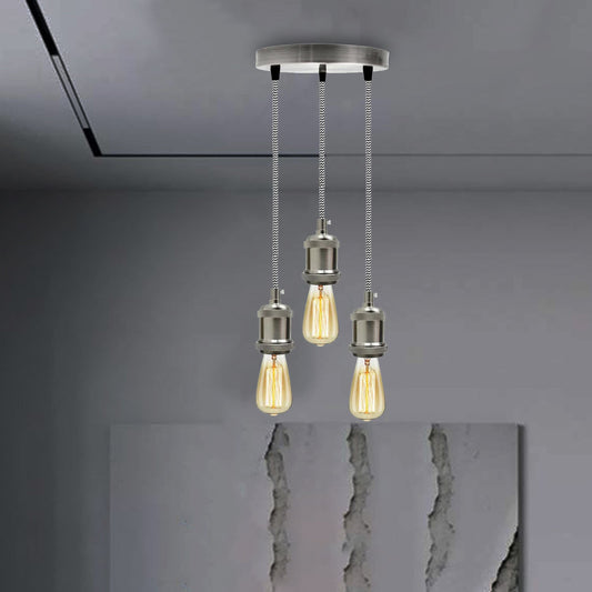 3 Light Cluster Pendant – Satin Nickel, Black & White Twisted Cable, E27