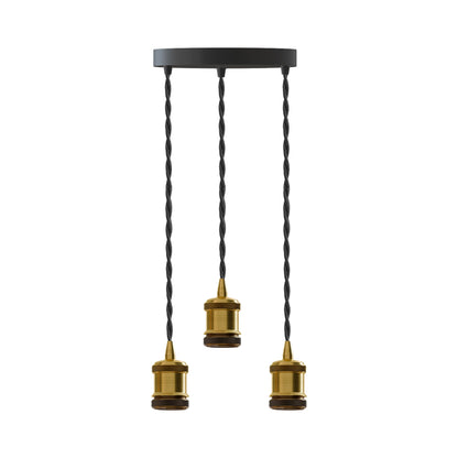 3-Light Cluster Pendant – Brass Holders, Twisted Cable, E27 - Yellow Brass, Black Twisted, Without Bulb