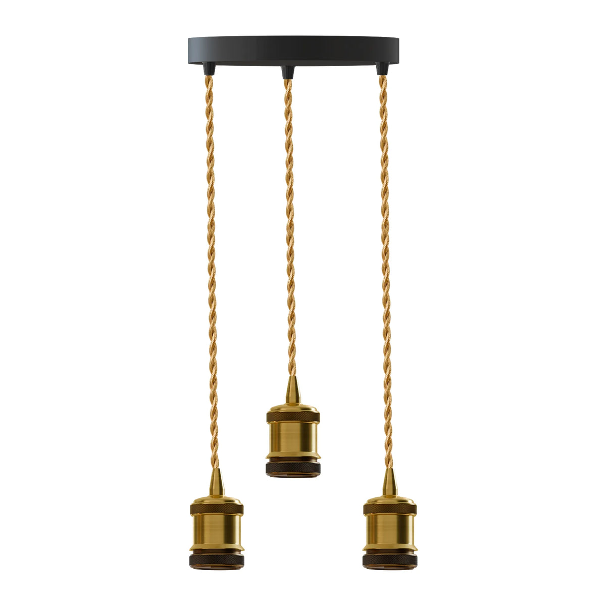 3-Light Cluster Pendant – Brass Holders, Twisted Cable, E27 - Yellow Brass, Gold Twisted, Without Bulb