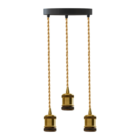 3-Light Cluster Pendant – Brass Holders, Twisted Cable, E27 - Yellow Brass, Gold Twisted, Without Bulb