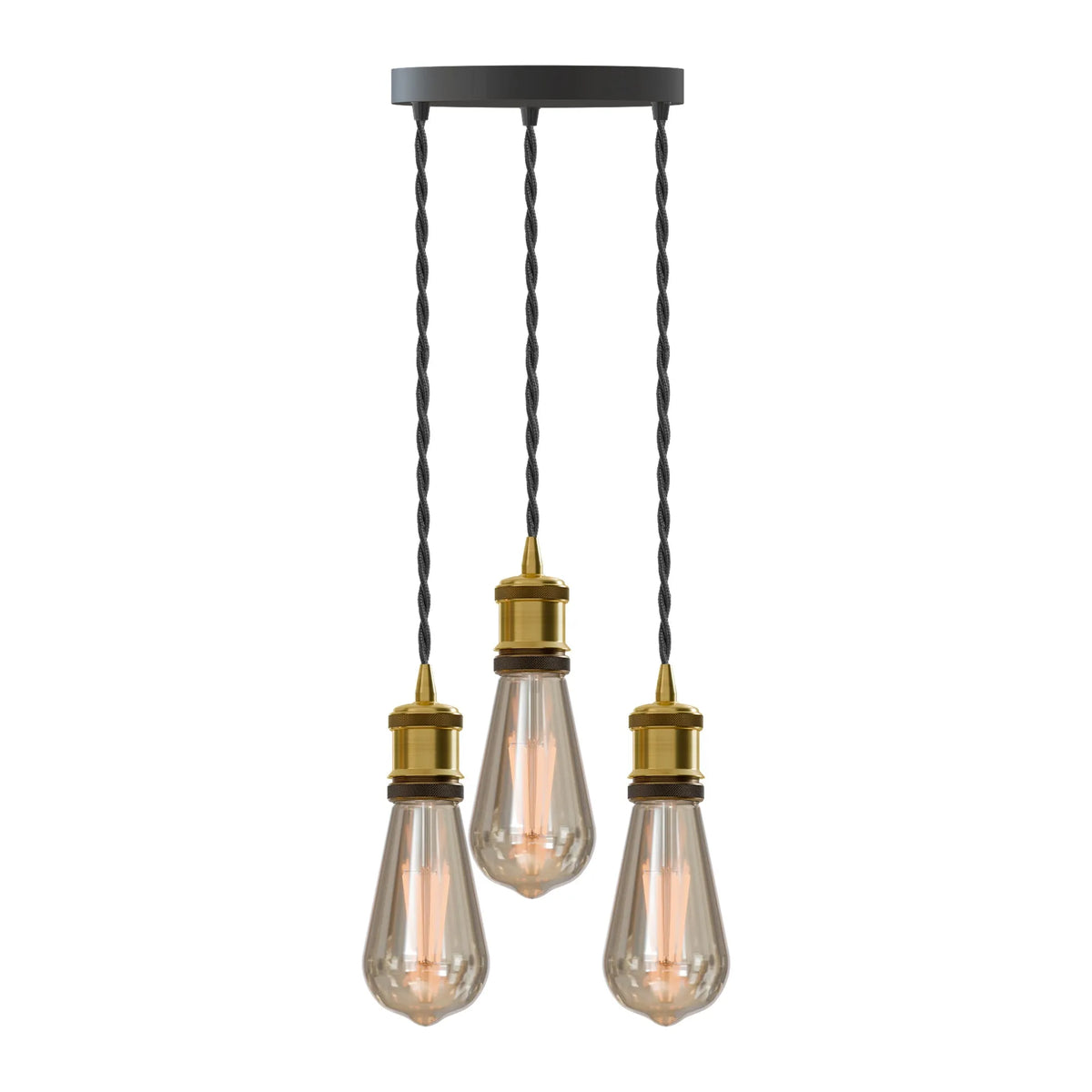3-Light Cluster Pendant – Brass Holders, Twisted Cable, E27