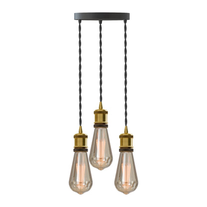 3-Light Cluster Pendant – Brass Holders, Twisted Cable, E27